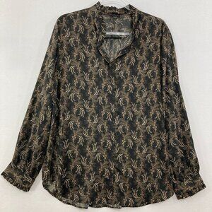 Ann Taylor size XL Black Tan Ditsy Floral Long Sleeve Button Up Office Work